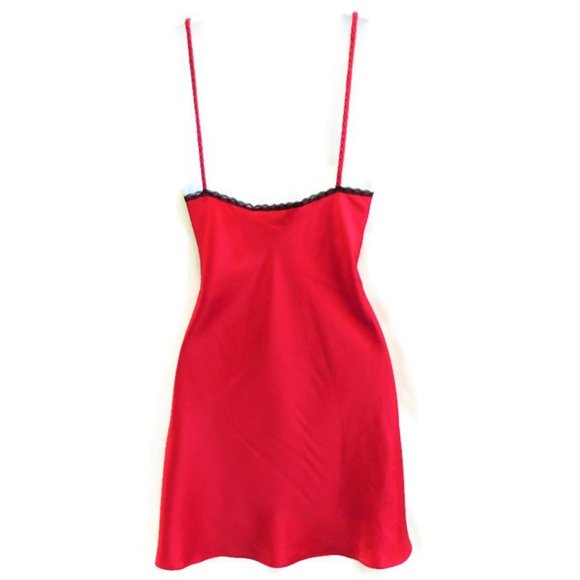 Victoria's Secret Gold Label Lingerie Red Satin Black Lace Slip S - Picture 2 of 8